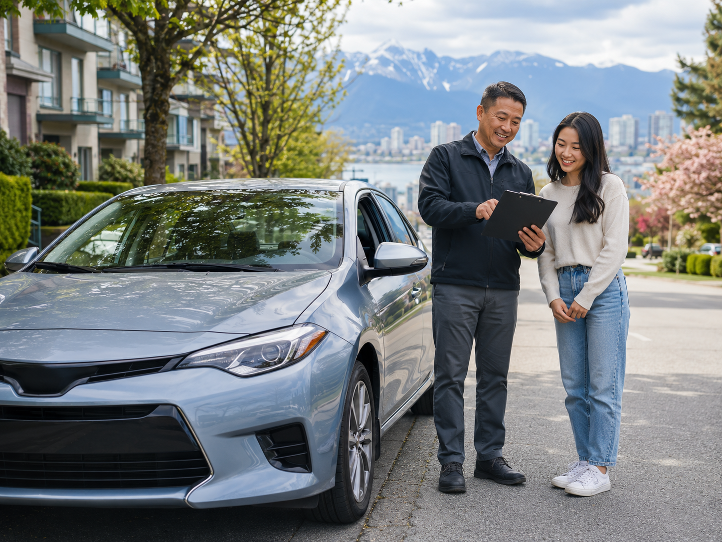 Driving instructor reviewing lesson notes with a learner on a quiet Vancouver street