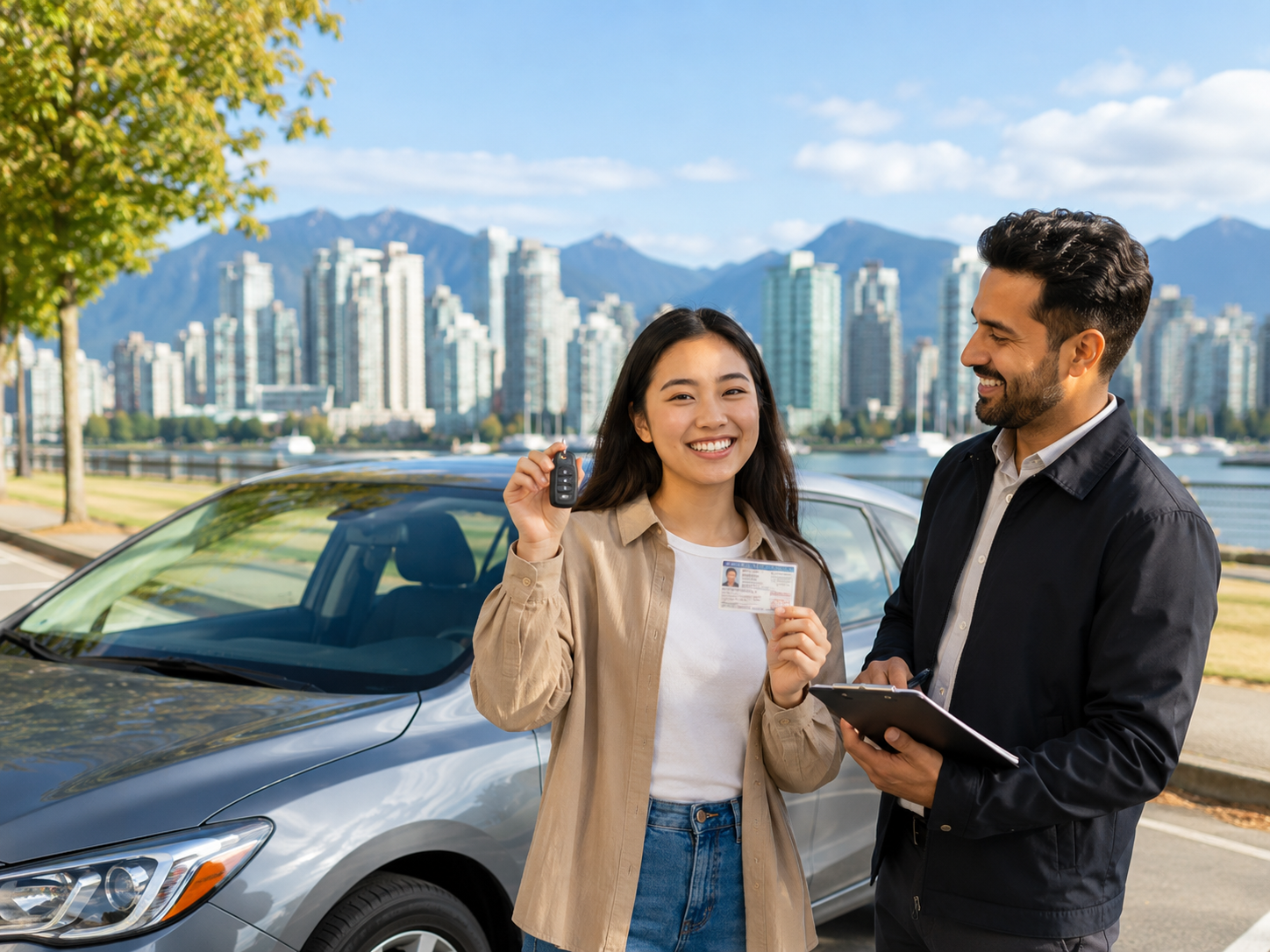 Happy new driver holding car keys and license near Vancouver waterfront